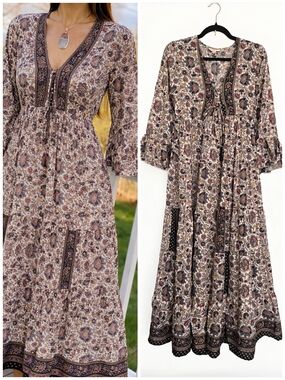 Anthro Boemo Boho Lace Up Flowy Patch Midi Dress, MP